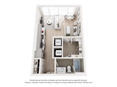 A 3D floor plan of a small apartment with a kitchen, living room, and bathroom.